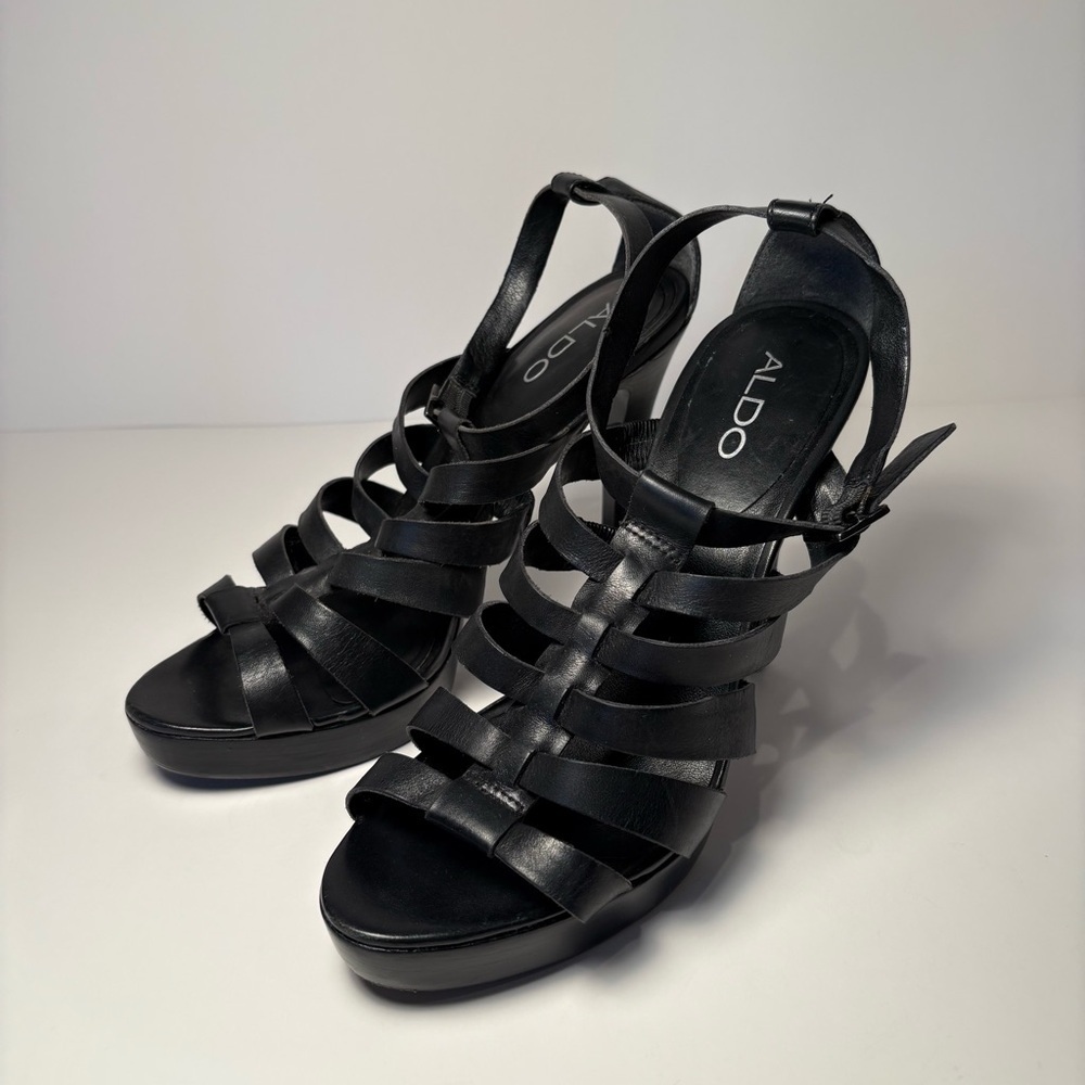 Aldo strappy preppy black stiletto leather heels sz 8